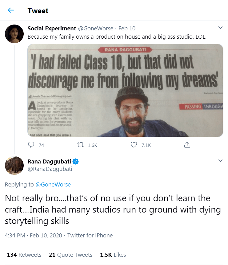 Rana Duggubatti replying to a troll